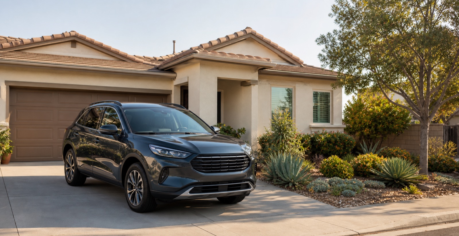 A dark family car parked in front of a Southern California home